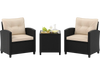Two cozy patio chairs with off-white cushions and a tempered glass coffee table, perfect for outdoor relaxation.