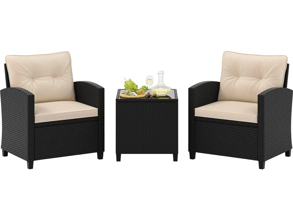Two cozy patio chairs with off-white cushions and a tempered glass coffee table, perfect for outdoor relaxation.