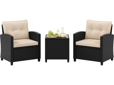 Costway 3-Pc Patio Furniture Set w/ Tempered Glass Coffee Table 89763142 New