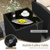 Tempered glass tabletop coffee table with PE rattan frame, ideal for outdoor relaxation and easy access to items.
