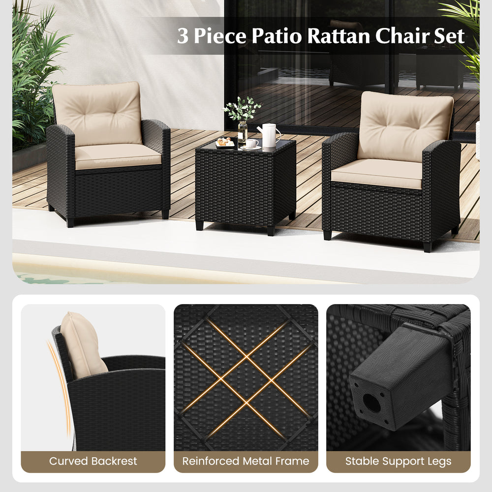 3-piece patio rattan chair set with off-white cushions and tempered glass table, perfect for outdoor relaxation.