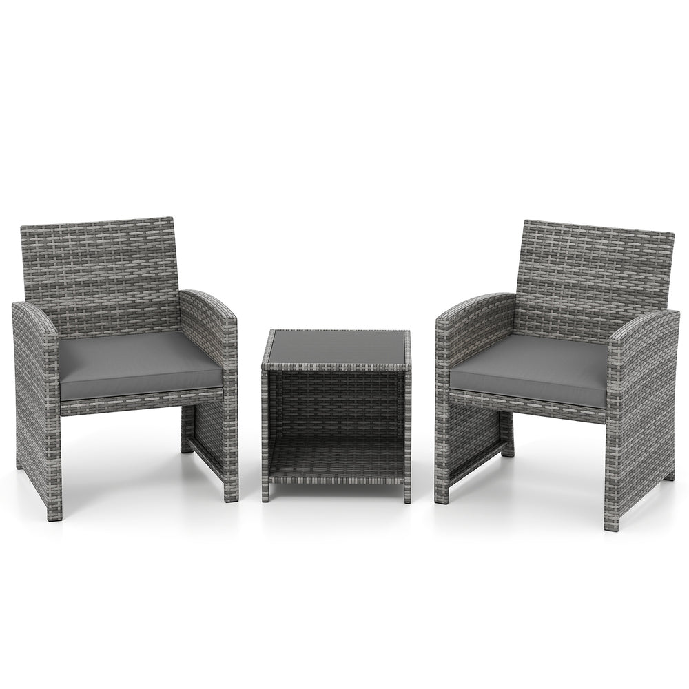 3 Pieces Patio Furniture Set with Tempered Glass Coffee Table and Soft Seat Cushions-Gray - Gallery View 1 of 2