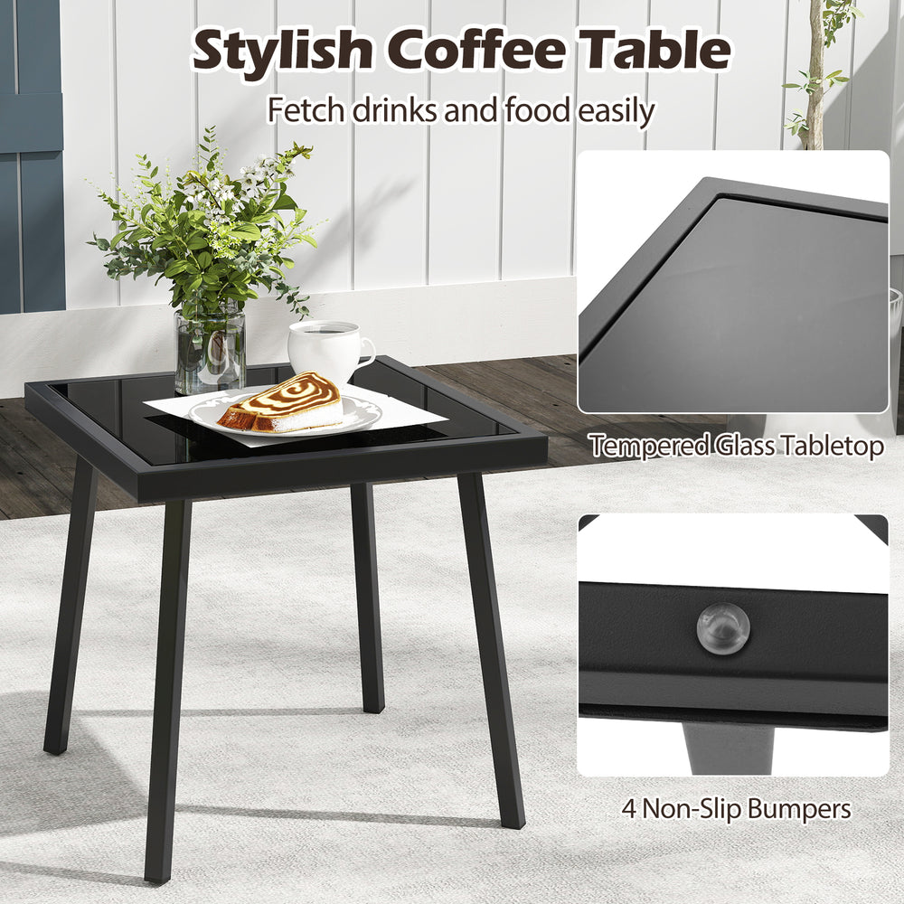 Square coffee table with tempered glass top and sturdy metal legs, perfect for outdoor patio use.