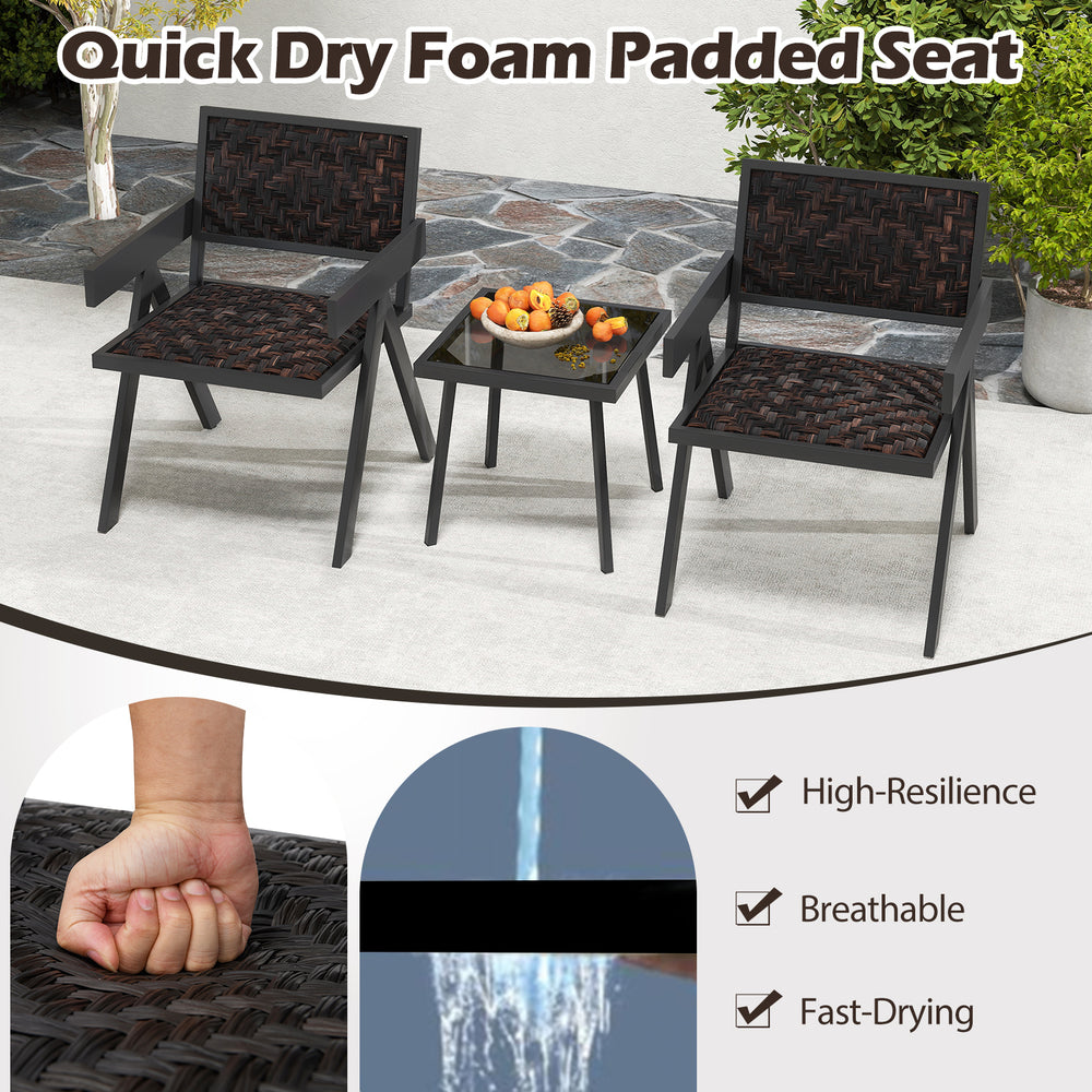 3-piece patio bistro set featuring quick-drying foam padded seats and durable PE wicker, perfect for outdoor relaxation.