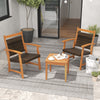 Two acacia wood chairs and a side table in a rustic design, perfect for outdoor garden relaxation.