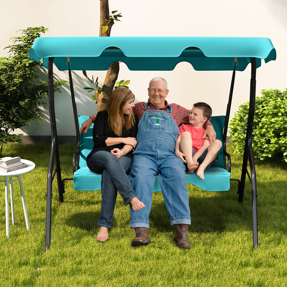 3 Seat Outdoor Patio Canopy Swing with Cushioned Steel Frame-Blue - Gallery View 1 of 10