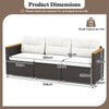 3-seat patio couch sofa with white cushions, hand-woven PE rattan, and solid acacia wood, ideal for outdoor relaxation.