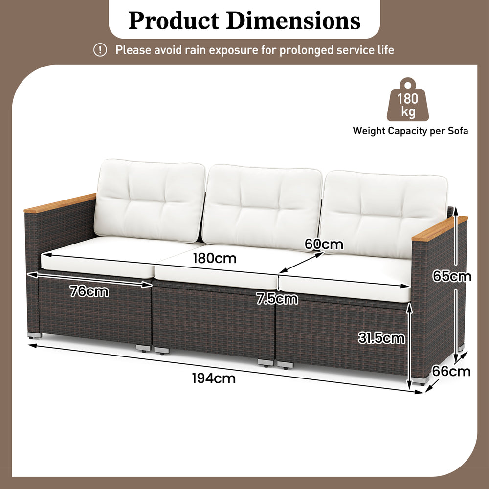 3-seat patio couch sofa with white cushions, hand-woven PE rattan, and solid acacia wood, ideal for outdoor relaxation.