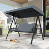 3-seat patio swing chair with adjustable canopy, thick cushions, and foldable side trays for outdoor relaxation.