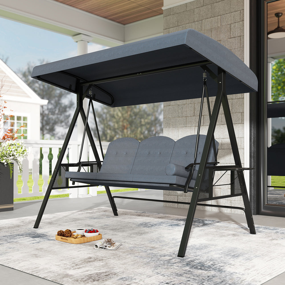 3-Seat Patio Swing Chair Porch Swing with Adjustable Canopy Thickened Cushions Pillow and Foldable Side Trays-Grey - Gallery View 1 of 10