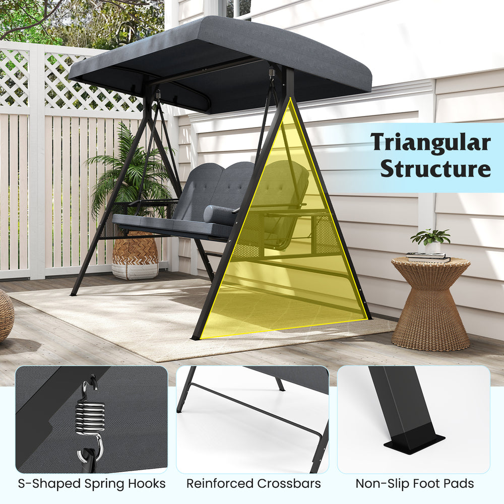 Detail of the triangular structure and reinforced crossbars on the 3-seat patio swing chair for enhanced stability.