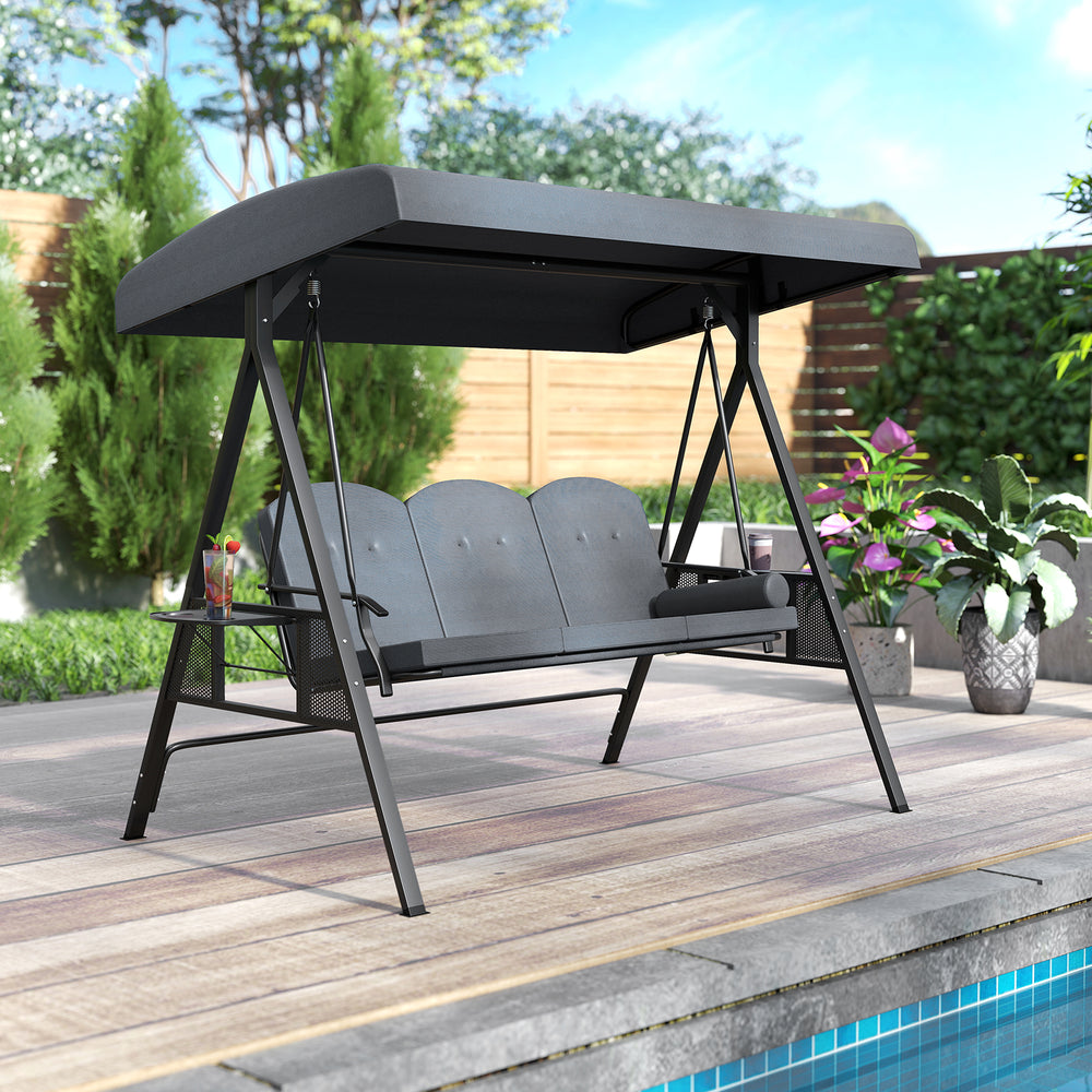 Grey 3-seat patio swing chair with a heavy-duty metal stand and thick cushions, ideal for garden and poolside enjoyment.