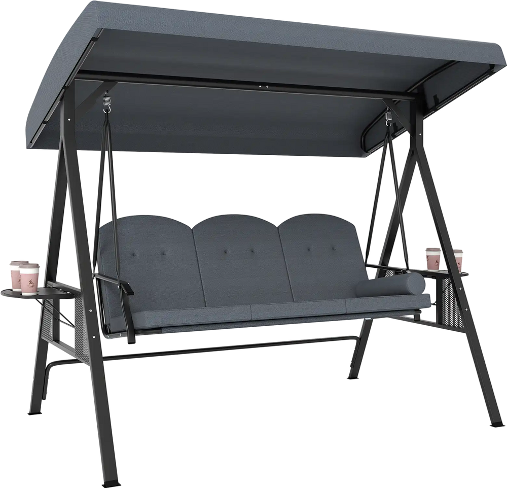 Three-seat patio swing chair in grey with adjustable canopy, thick cushions, and foldable side trays for outdoor.