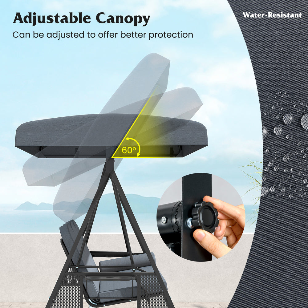 Adjustable 60° canopy on a grey 3-seat patio swing chair with thick cushions and foldable side trays for outdoor.