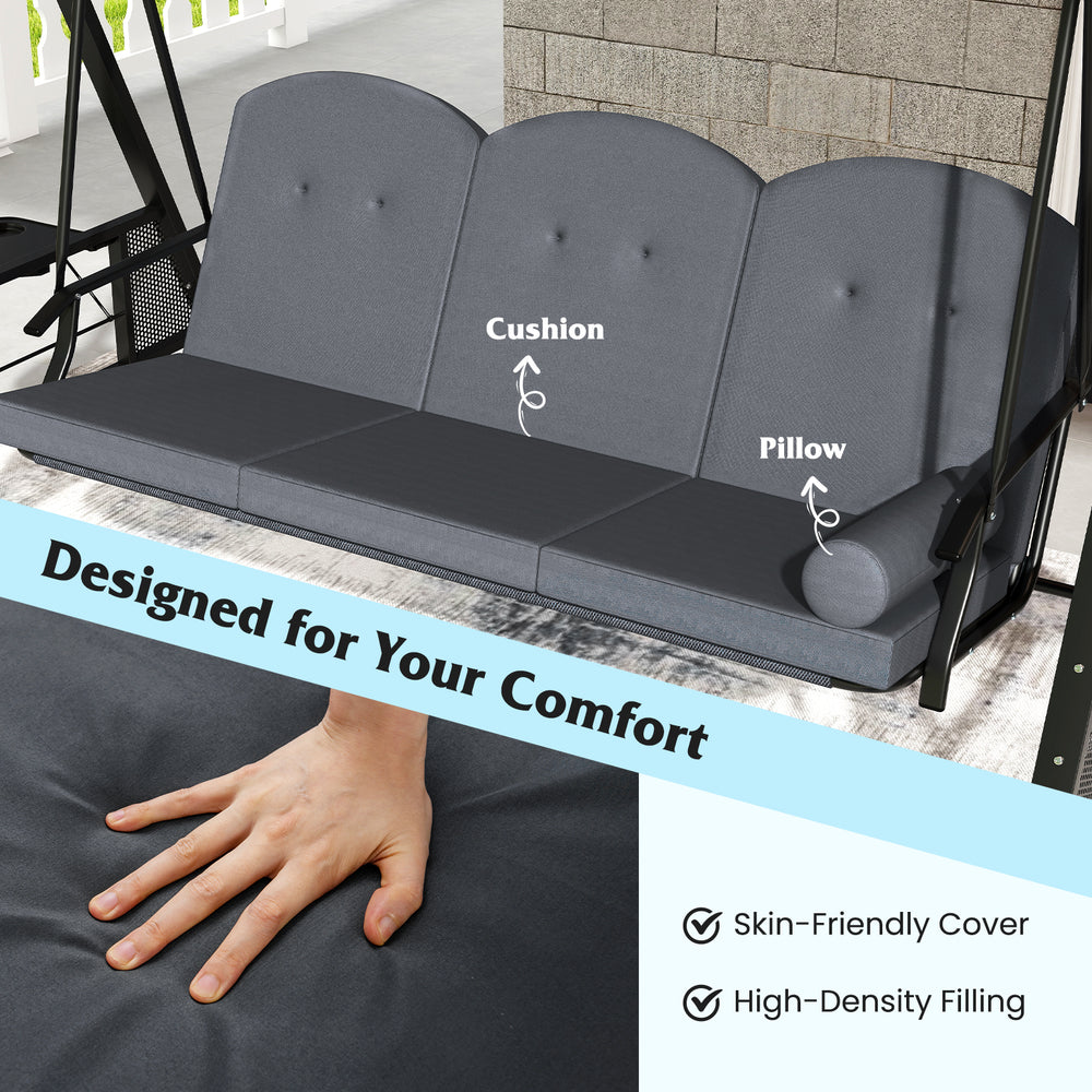 3-seat patio swing chair with thickened grey cushions and pillow, designed for comfort and optimal outdoor relaxation.