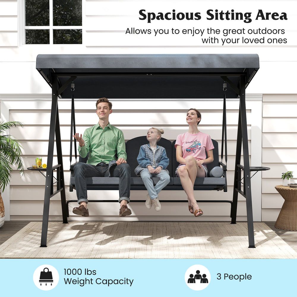Spacious sitting area of the grey 3-seat patio swing chair, comfortably seating 3 people with a 1000 lbs weight.