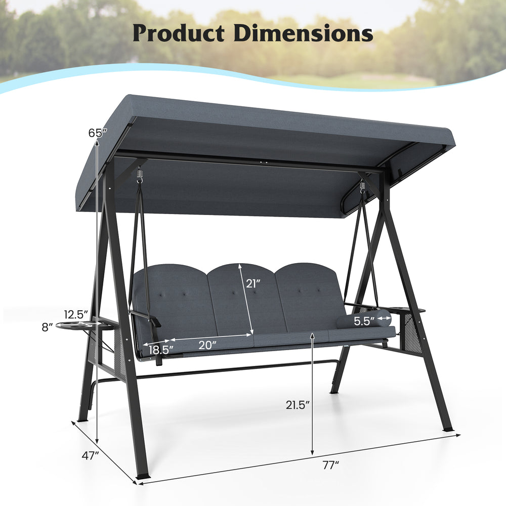 3-seat patio swing chair with adjustable canopy, thick cushions, and foldable side trays, perfect for outdoor.