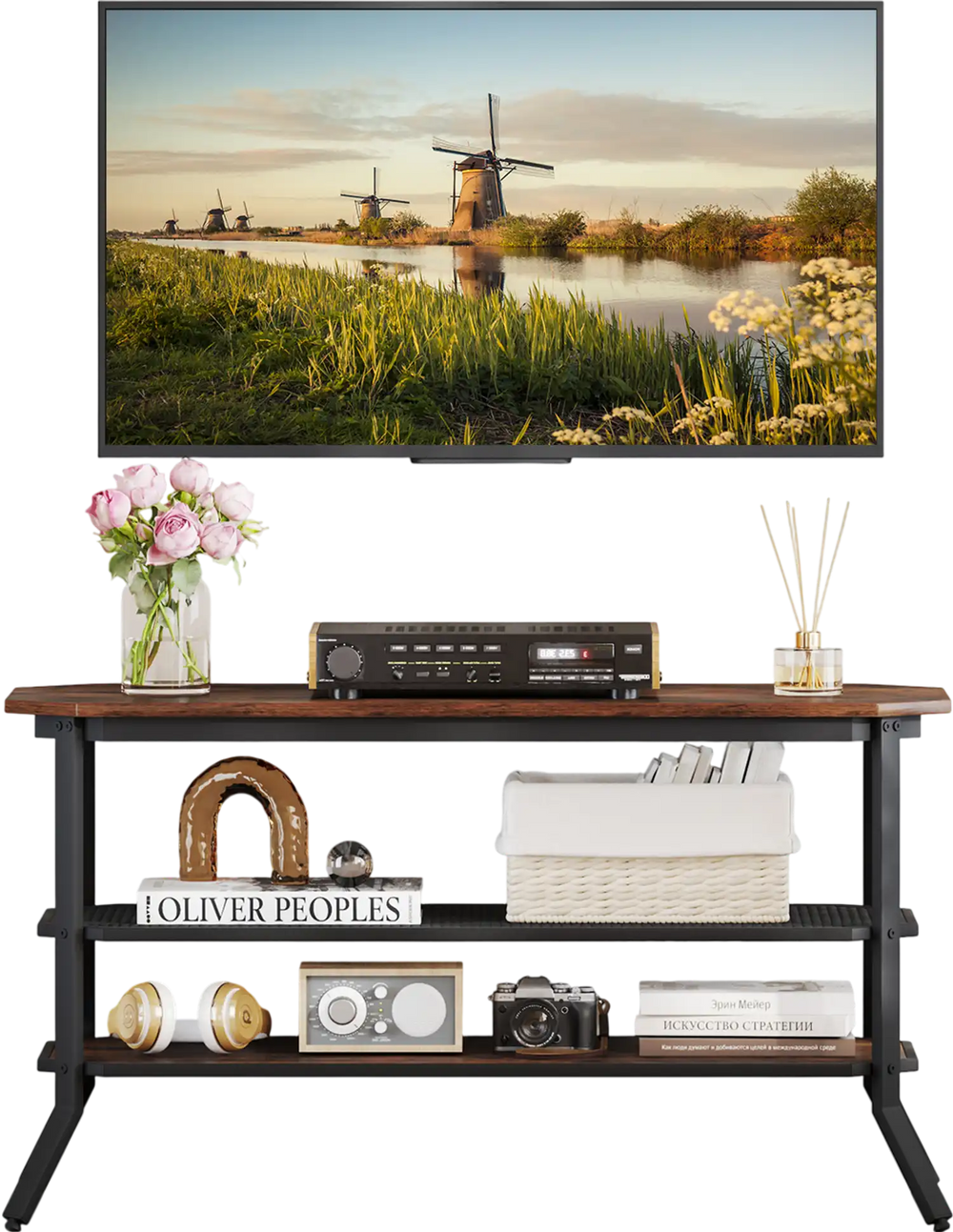3-tier console table TV stand featuring a rustic brown top and sturdy black steel frame, perfect for versatile home.