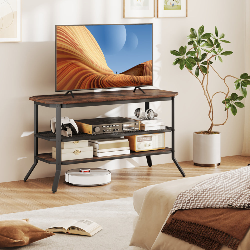 3-tier console table TV stand in rustic brown with mesh storage shelf, ideal for TVs up to 46", perfect for living.
