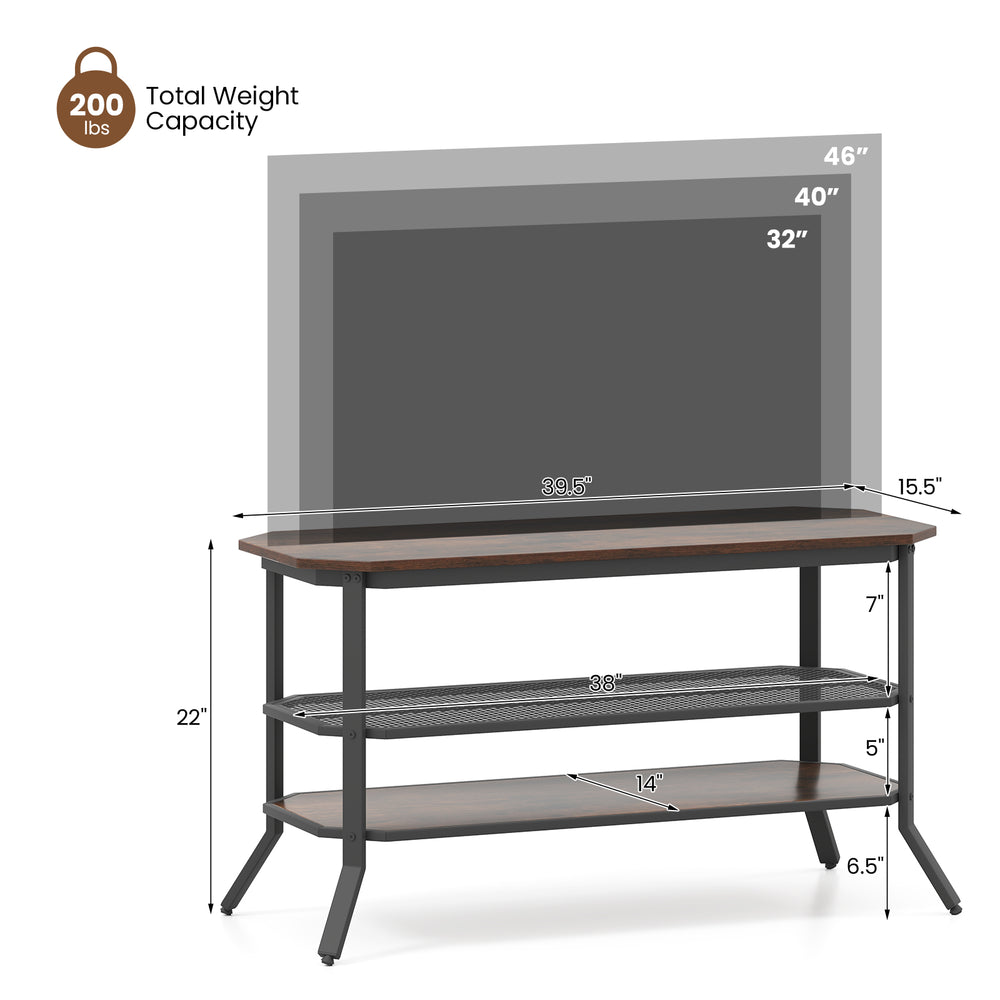 3-tier console table TV stand in rustic brown with mesh shelf, suitable for TVs up to 46", ideal for living room use.