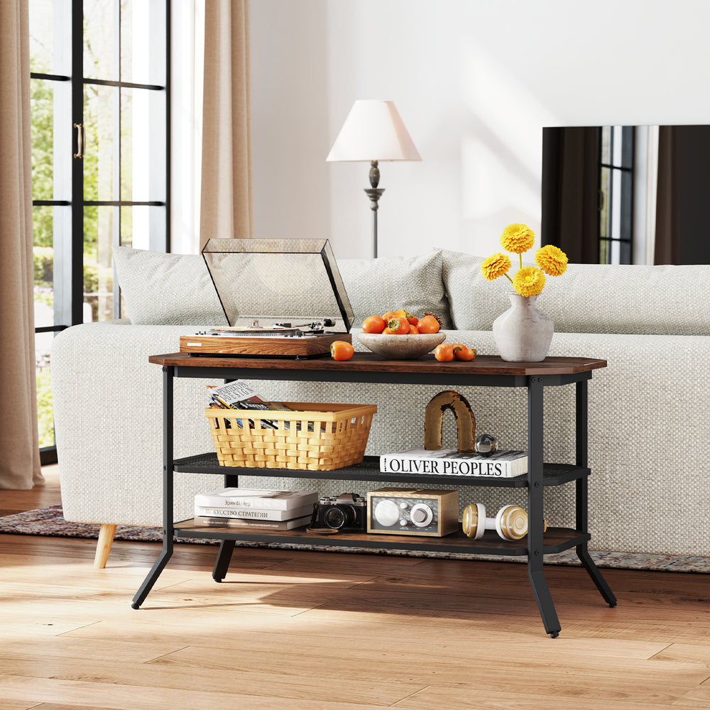 3-tier console table in rustic brown with black metal frame, ideal for TVs up to 46", perfect for living room storage.