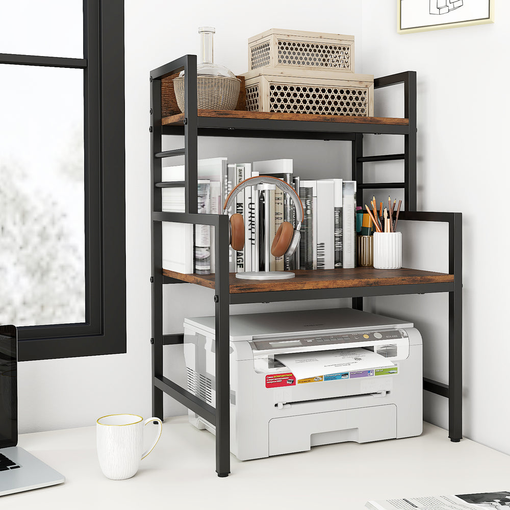3-tier microwave stand featuring rustic brown shelves and heavy-duty metal frame, showcasing open shelving for.