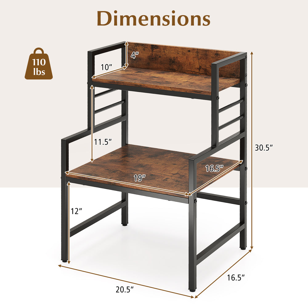 3-tier microwave stand with rustic brown shelves and heavy-duty metal frame, featuring dimensions for kitchen.