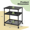 3-tier black printer stand with adjustable shelf, 360° swivel wheels, and sturdy iron wire frame for versatile storage.