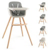 3-in-1 convertible wooden high chair in gray with removable cushion and adjustable tray for babies' growth needs.