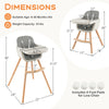 Dimensions of the 3-in-1 Convertible Wooden High Chair in gray, featuring a removable tray and stable beech legs.