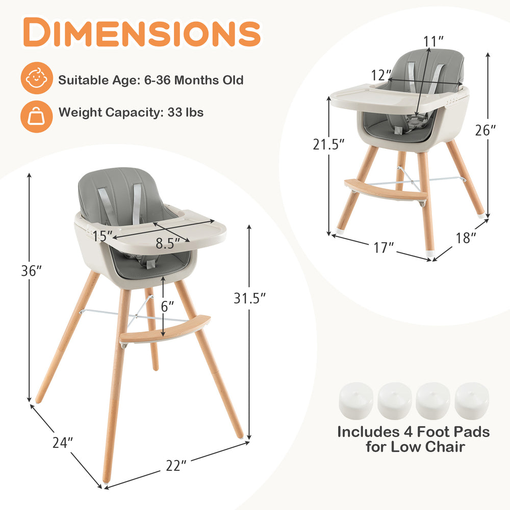 Dimensions of the 3-in-1 Convertible Wooden High Chair in gray, featuring a removable tray and stable beech legs.