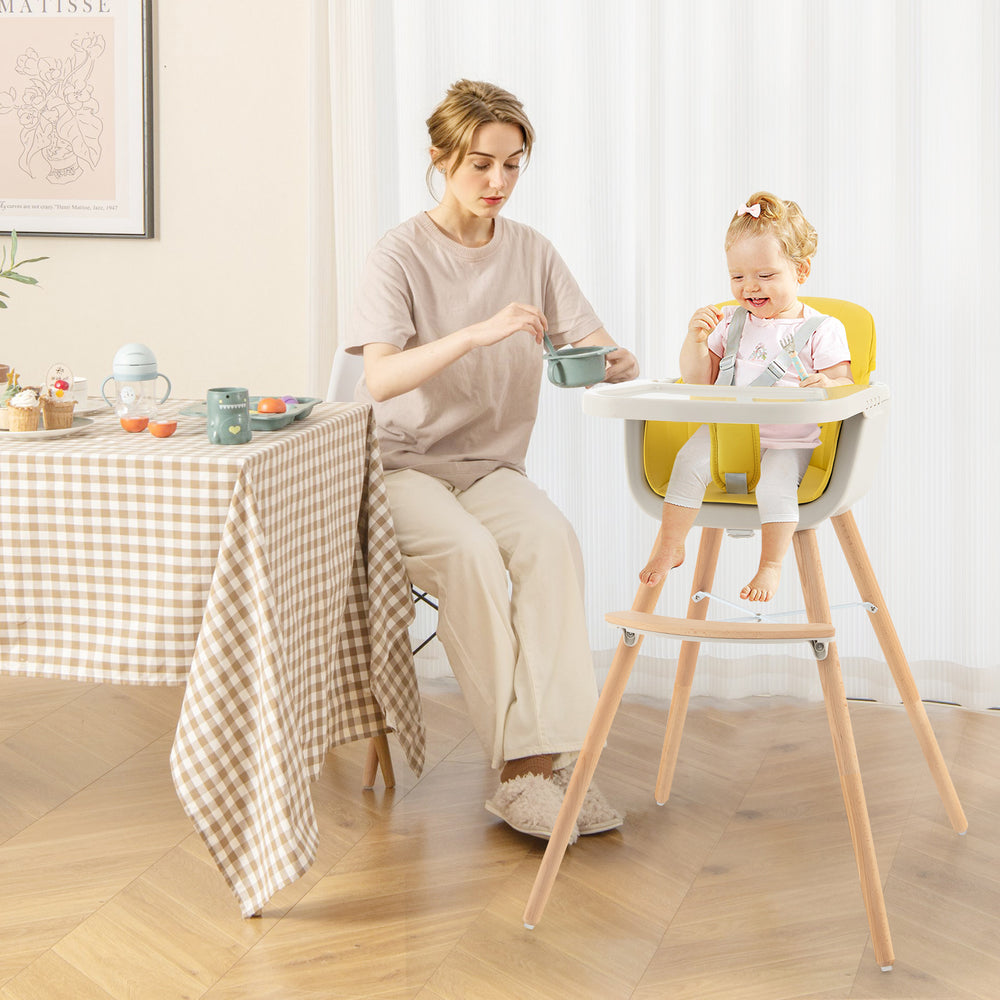 3-in-1 Convertible Wooden High Chair with Cushion-Yellow - Gallery View 1 of 9