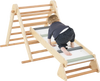 Kids climbing on the 3-in-1 Pikler Triangle set with ramp, made of natural beech wood for safe play and motor skill.
