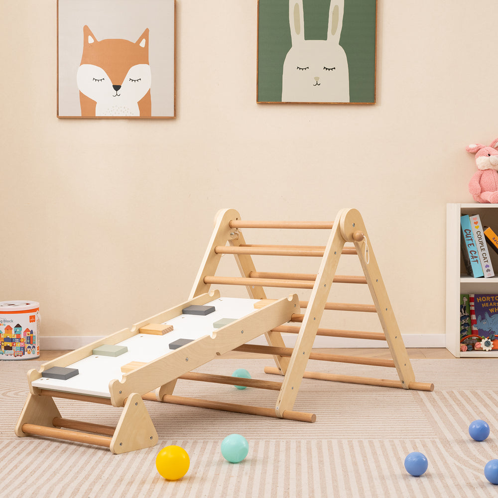 3-in-1 Pikler triangle climbing set with adjustable ramp, crafted from natural wood for kids' play and motor skill.