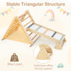 3-in-1 Pikler triangle climbing set with ramp, made from natural wood, promotes balance and motor skills for kids.