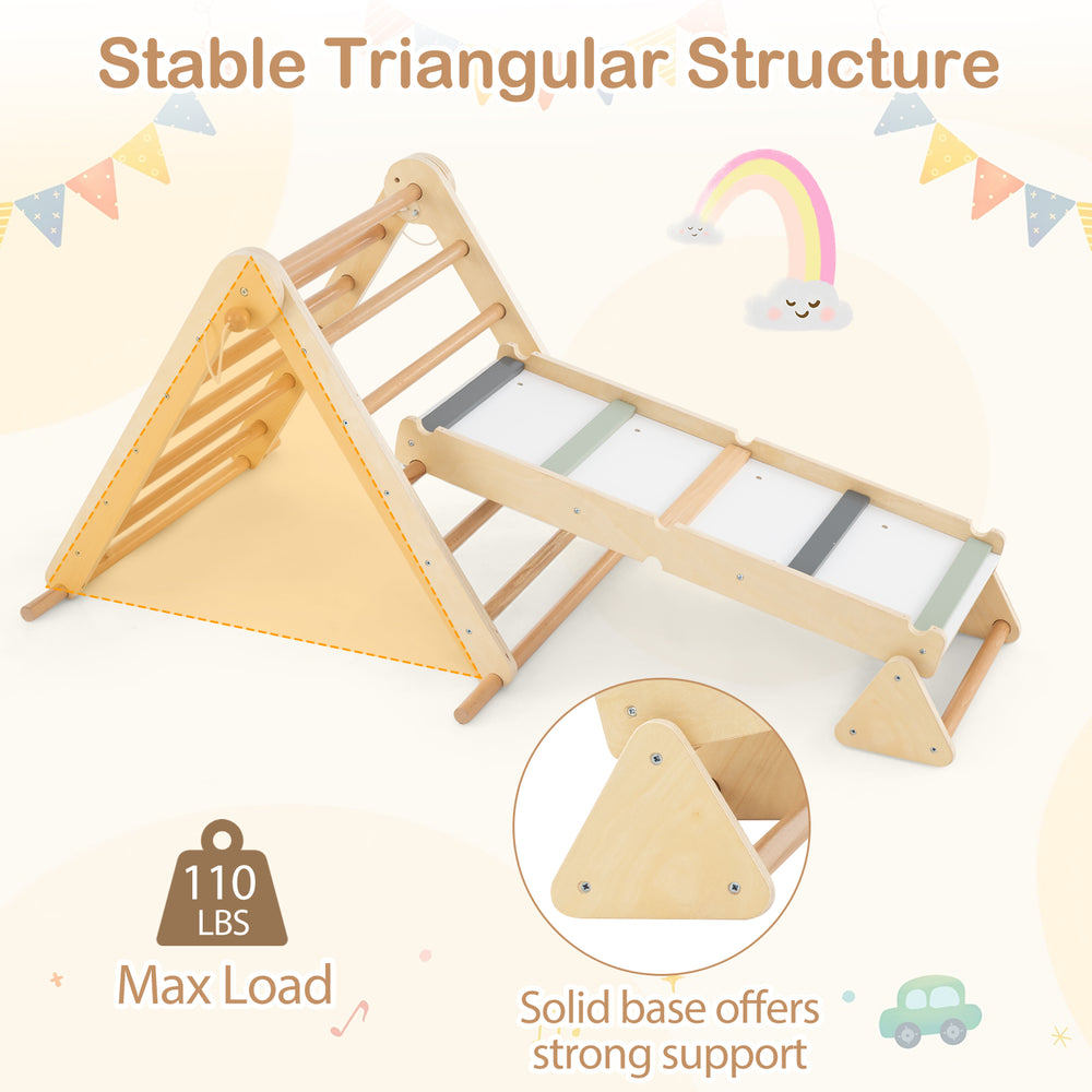 3-in-1 Pikler triangle climbing set with ramp, made from natural wood, promotes balance and motor skills for kids.