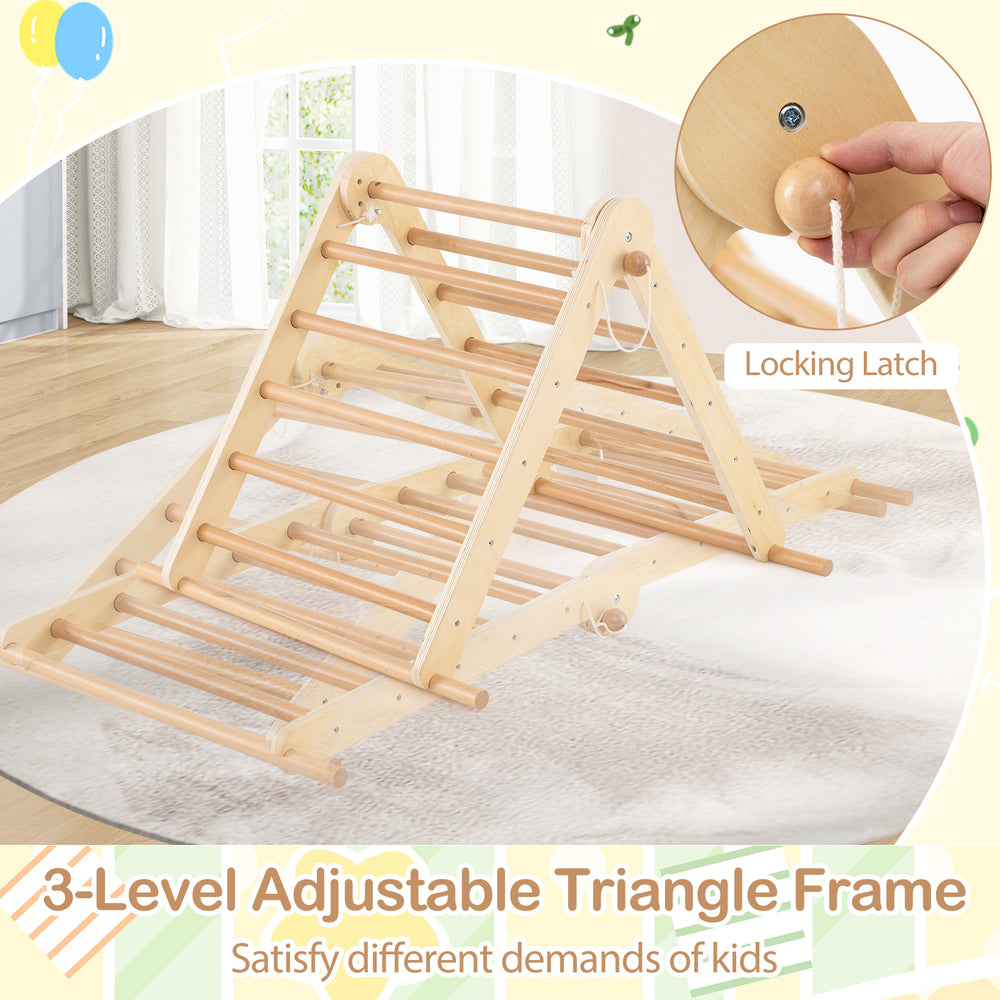 Adjustable 3-in-1 Pikler triangle climbing frame made of beech wood, designed for kids' play and motor skill.