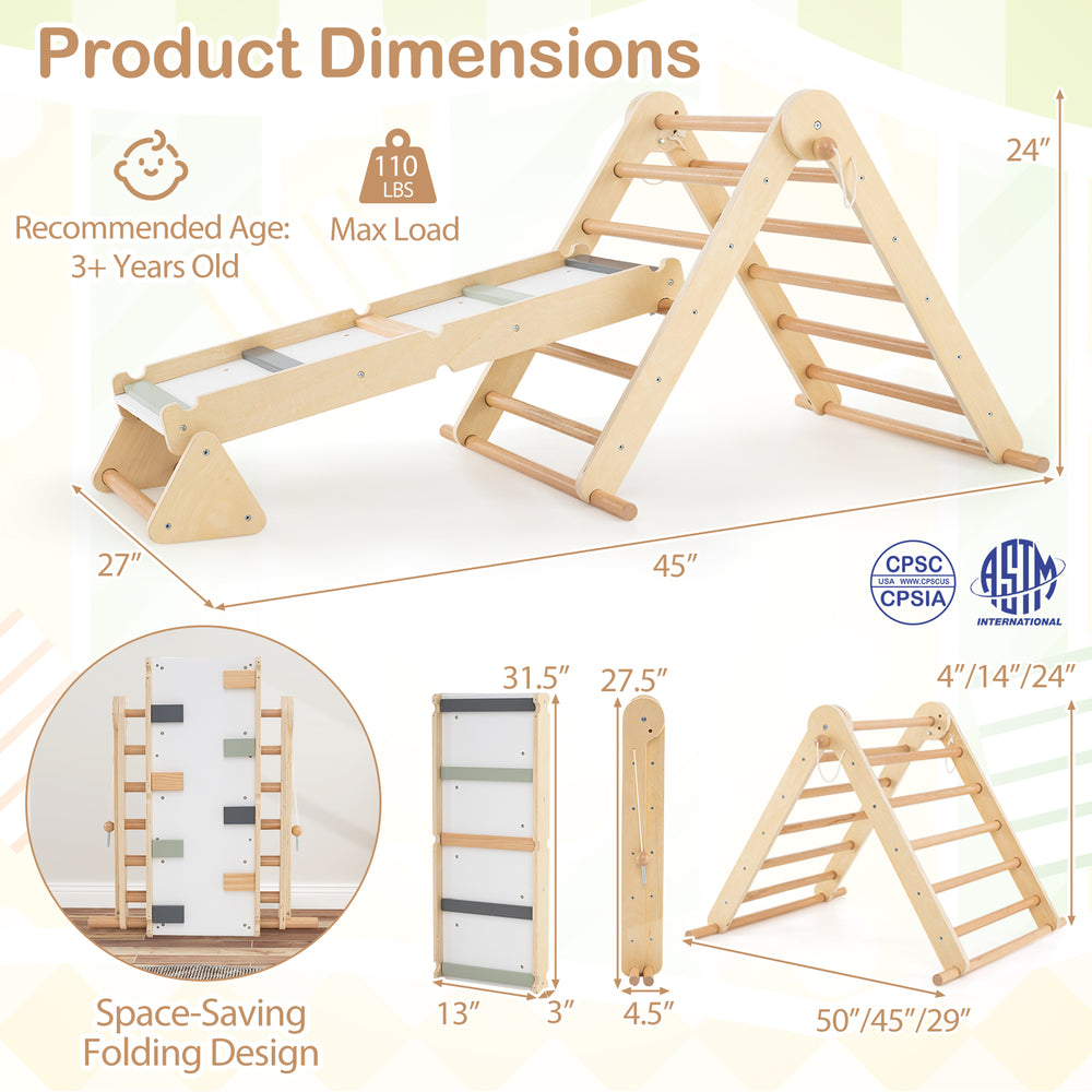 3-in-1 Pikler triangle climbing set with ramp, crafted from natural beech wood, designed for kids' play and safety.