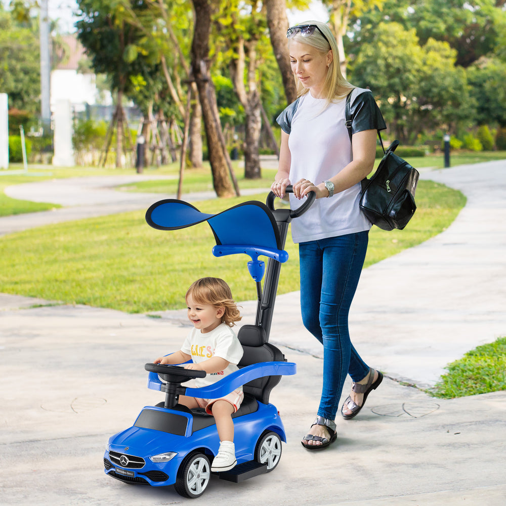 Blue 3-in-1 Mercedes-Benz licensed ride-on push car with canopy, suitable for toddlers aged 18-36 months.