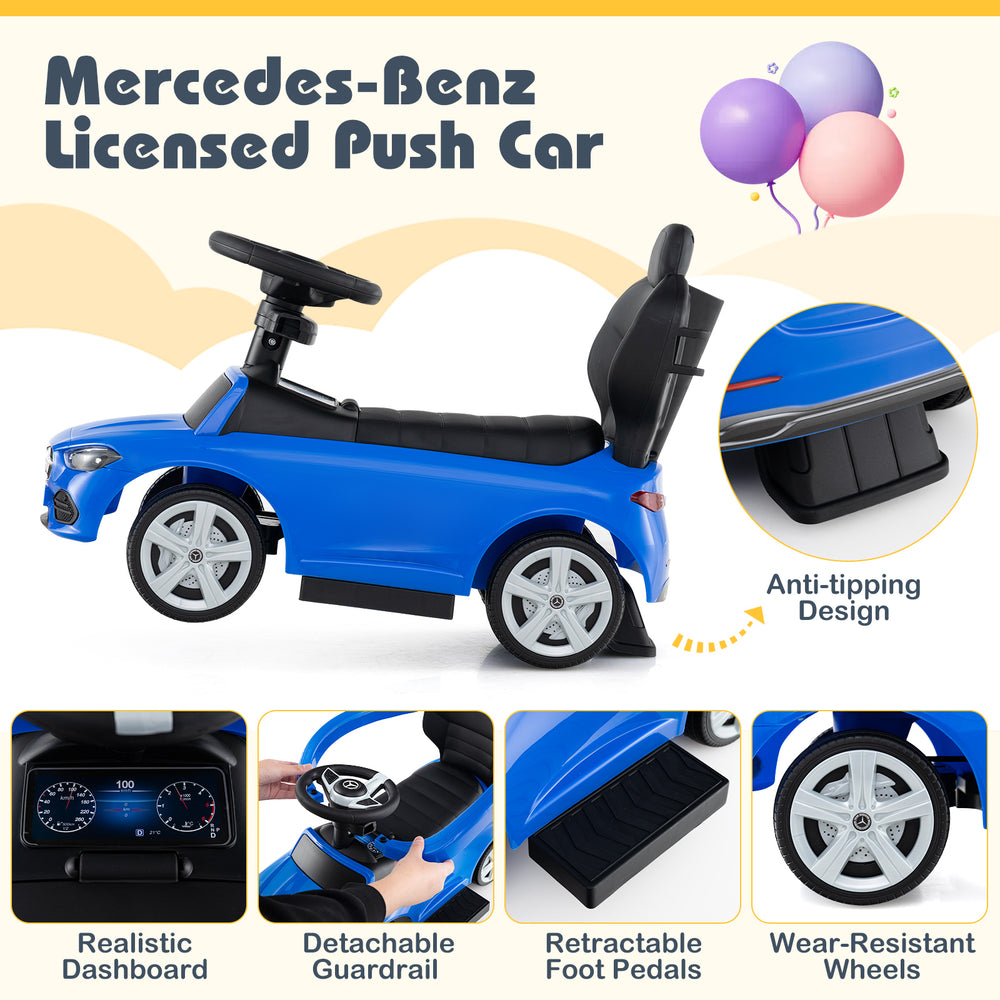 Blue Mercedes-Benz licensed push car with realistic dashboard, detachable guardrail, and anti-tipping design for.