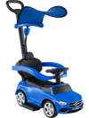 Blue 3-in-1 ride-on push car with canopy, Mercedes-Benz licensed, suitable for children 18-36 months, featuring storage.