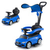 Blue 3-in-1 ride-on push car with canopy, featuring a Mercedes-Benz design, suitable for kids aged 18-36 months.