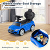 Blue Mercedes-Benz licensed ride-on push car featuring under-seat storage for toys, perfect for kids aged 18-36 months.