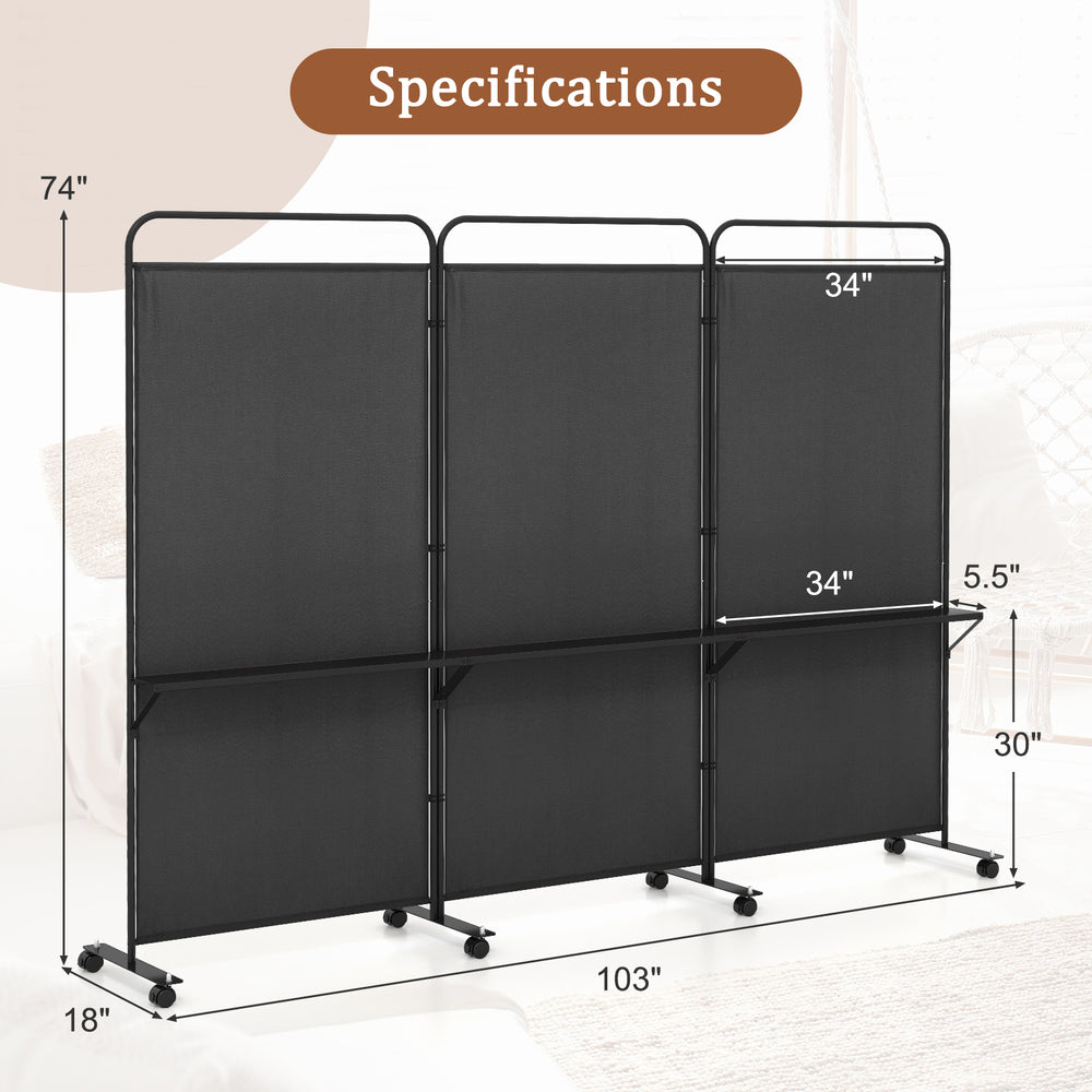 3-panel folding room divider in black with metal shelves, featuring lockable wheels for easy mobility and versatile use.