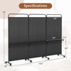 3-panel folding room divider in black with metal shelves, featuring lockable wheels for easy mobility and versatile use.