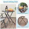 Round folding table with tempered glass tabletop and sturdy X-shaped structure, perfect for outdoor use.