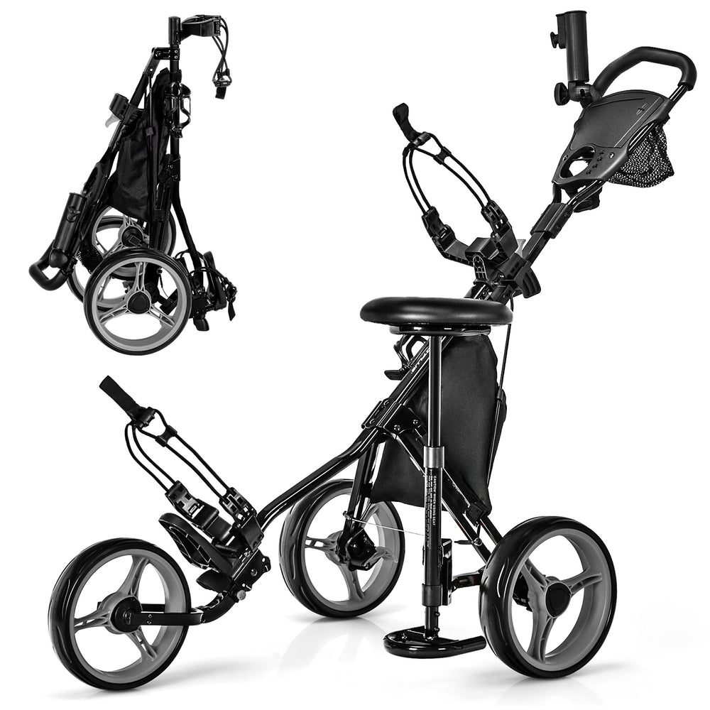 Folding golf push cart with a cushioned seat and large rear wheels, designed for easy storage and transportation on the.