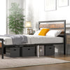 Full/Queen industrial bed frame with rustic headboard, featuring 12" under-bed clearance for storage boxes.
