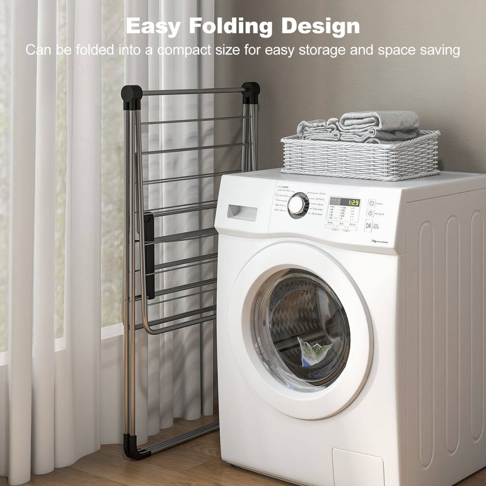 2-tier laundry drying rack with aluminum frame, featuring an easy folding design for compact storage and space saving.