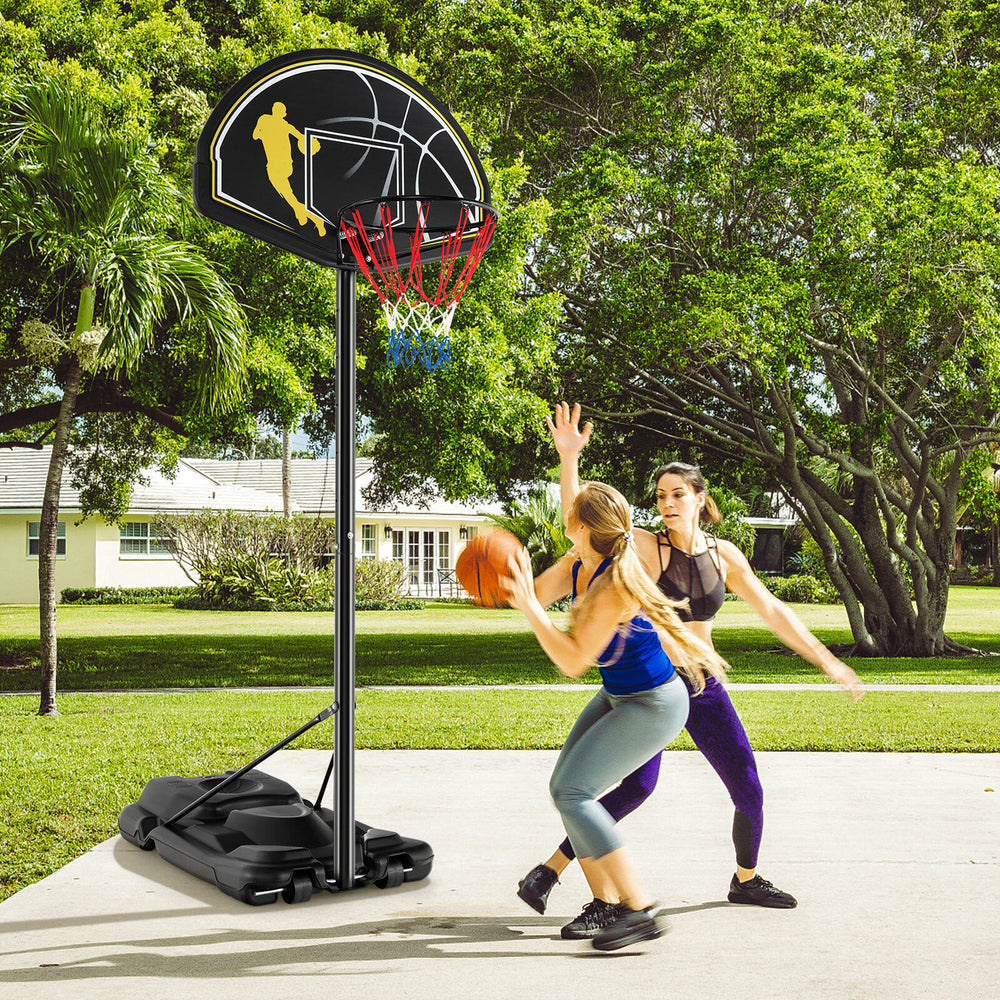 Portable adjustable basketball hoop system with a 41-inch backboard, suitable for all ages, set up outdoors.